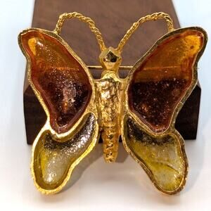 VTG Signed Mr. WE Stained Glass Resin Orange Yellow Gold Tone Butterfly Brooch